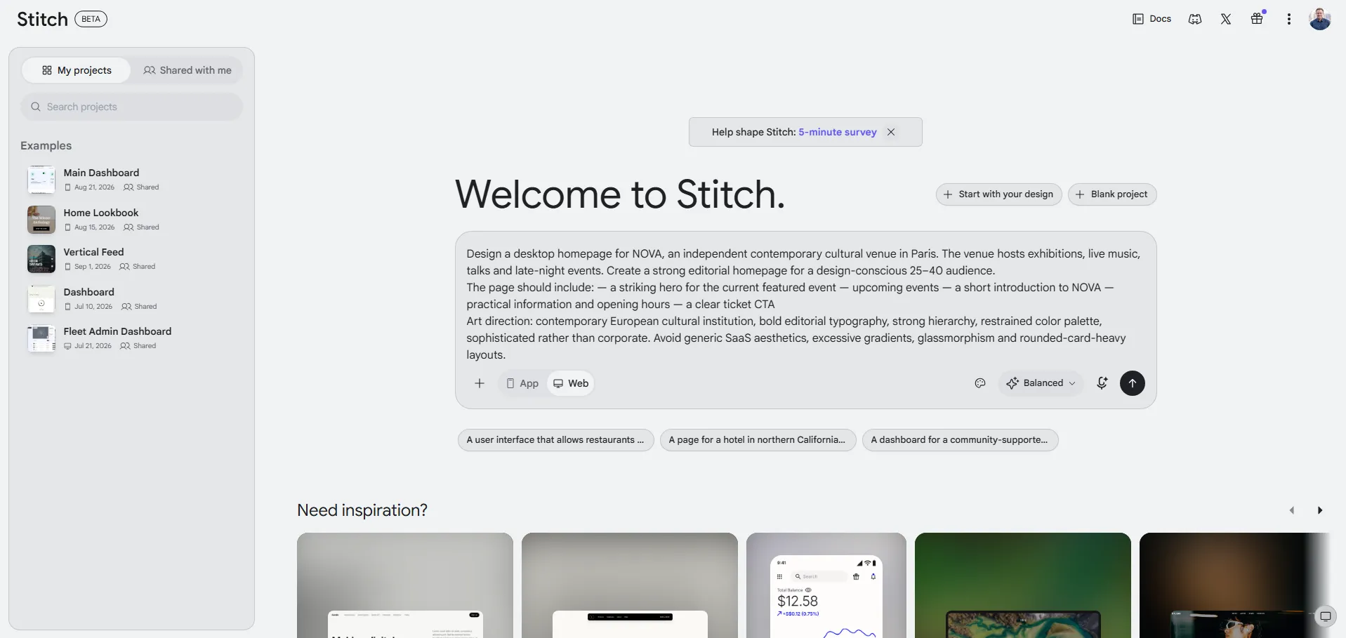 Écran d'accueil de Google Stitch avec le brief du test saisi dans le champ de prompt, mode Web sélectionné.