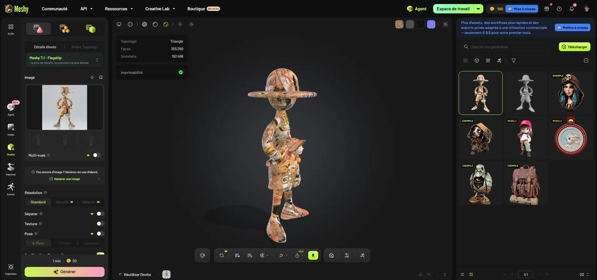 Modèle 3D texturé vu de trois quarts dans la visionneuse Meshy, l'image source restant visible dans le panneau de gauche.