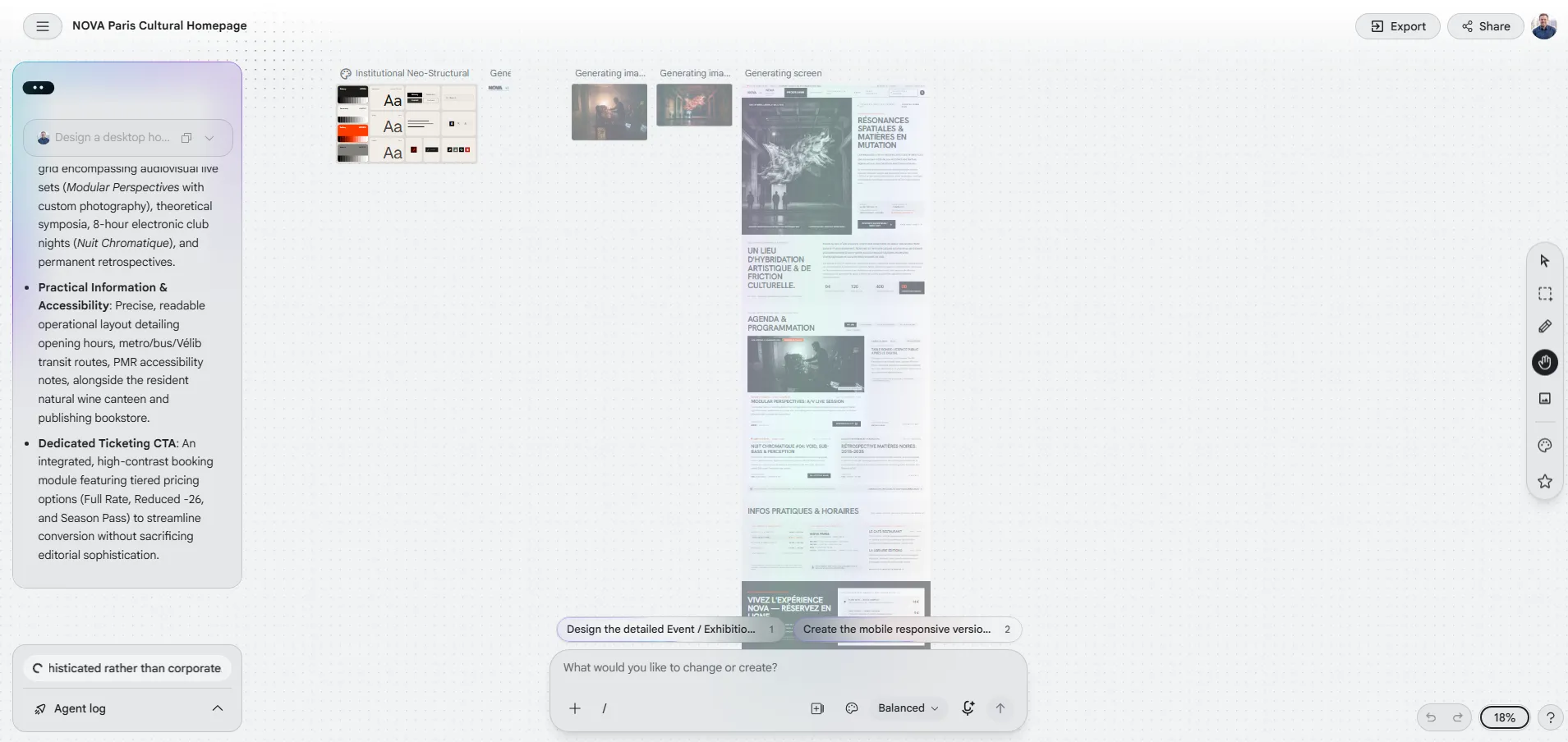 Vue d'ensemble de la première version de la page NOVA dans Stitch, à faible niveau de zoom, avec une planche de styles intitulée Institutional Neo-Structural.