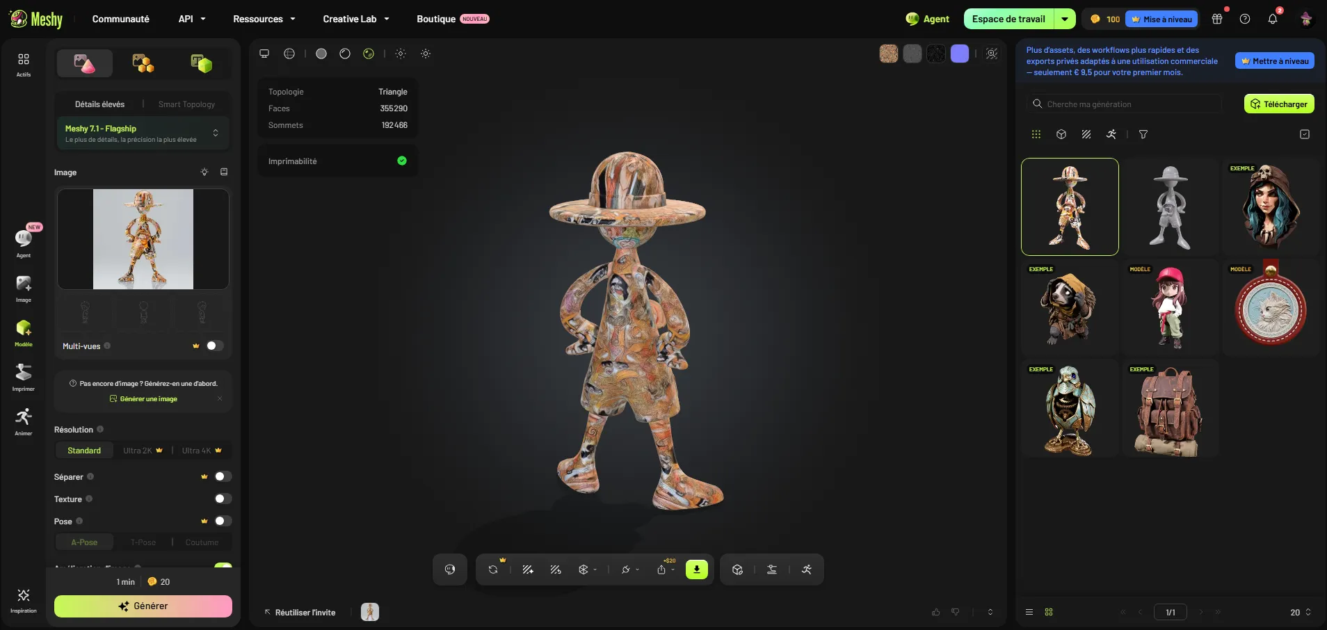 Modèle 3D texturé vu de dos dans la visionneuse Meshy, avec des motifs reconstruits sur les zones absentes de l'image source.