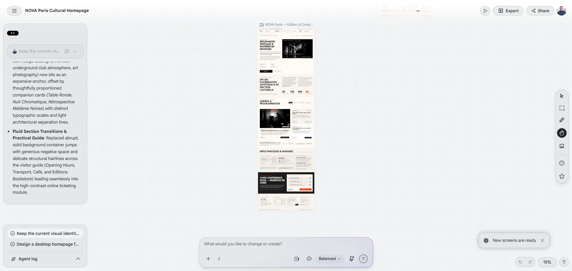 Vue d'ensemble de la seconde version de la page NOVA dans Stitch, à faible niveau de zoom, avec la notification New screens are ready.