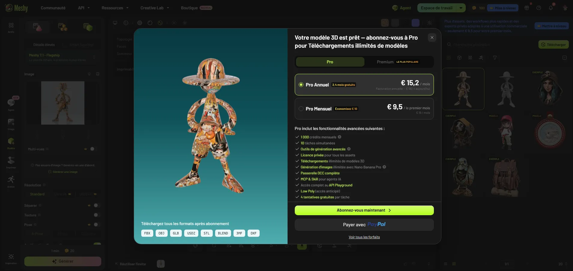 Modale Meshy annonçant que le modèle 3D est prêt et proposant un abonnement Pro à 15,2 € par mois en annuel ou 9,5 € le premier mois, avec la liste des formats FBX, OBJ, GLB, USDZ, STL, BLEND, 3MF et DXF téléchargeables après abonnement.
