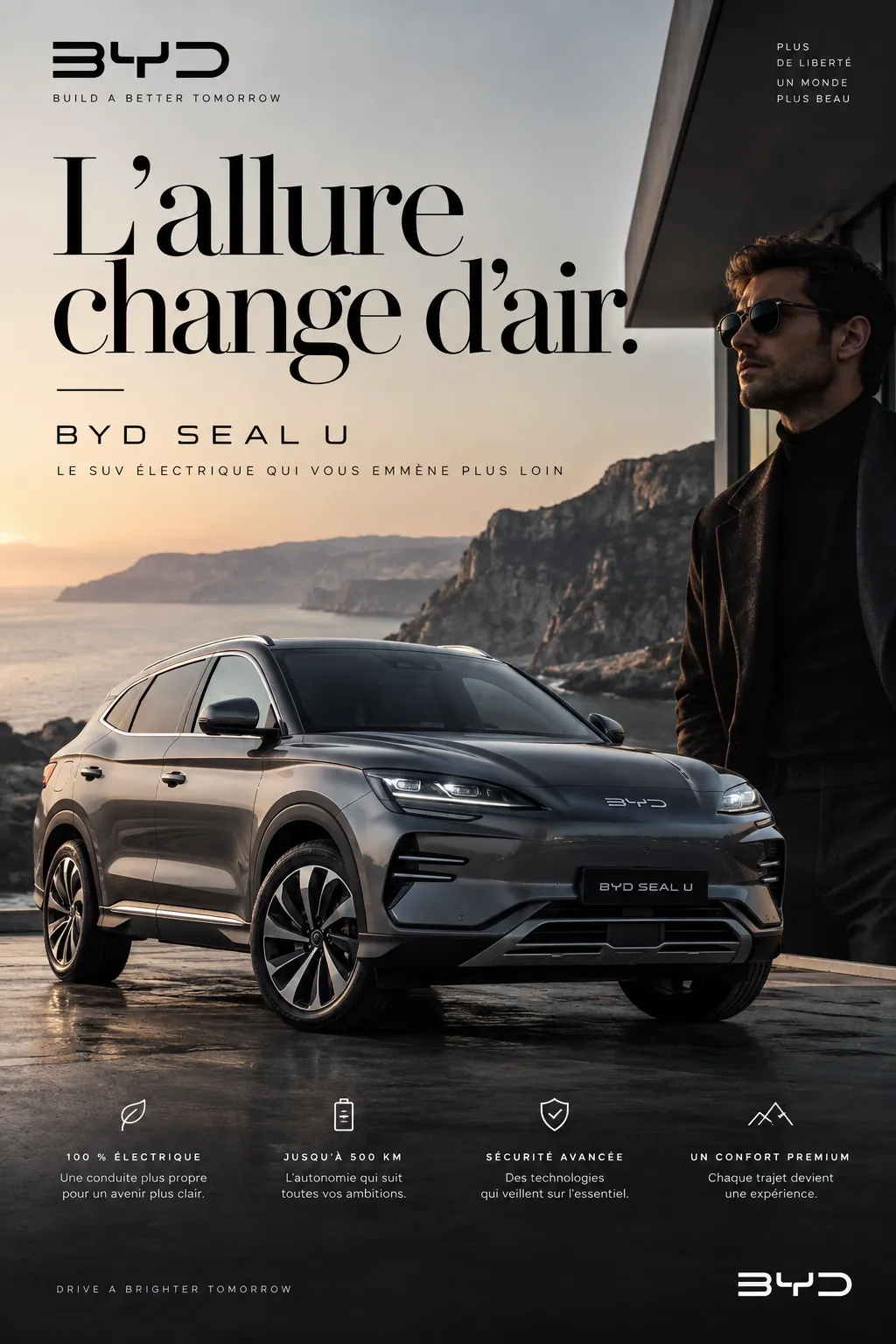 Affiche publicitaire générée par ChatGPT pour un SUV BYD Seal U : titre en français « L'allure change d'air. », mais slogans en anglais « Build a better tomorrow » et « Drive a brighter tomorrow » mêlés au texte français.
