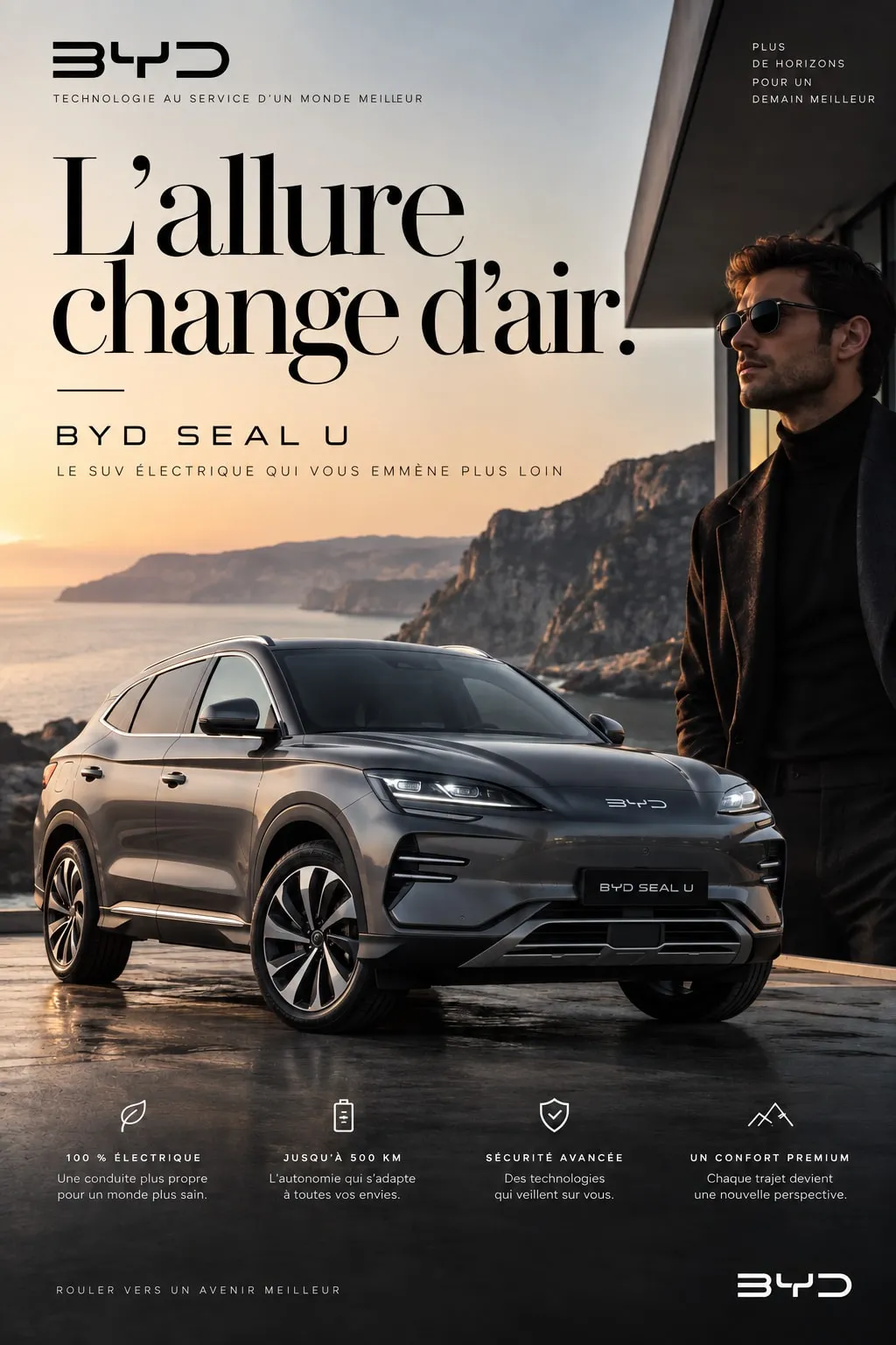 Autre affiche générée pour le BYD Seal U, entièrement en français, avec la mention « Plus de horizons pour un demain meilleur ».