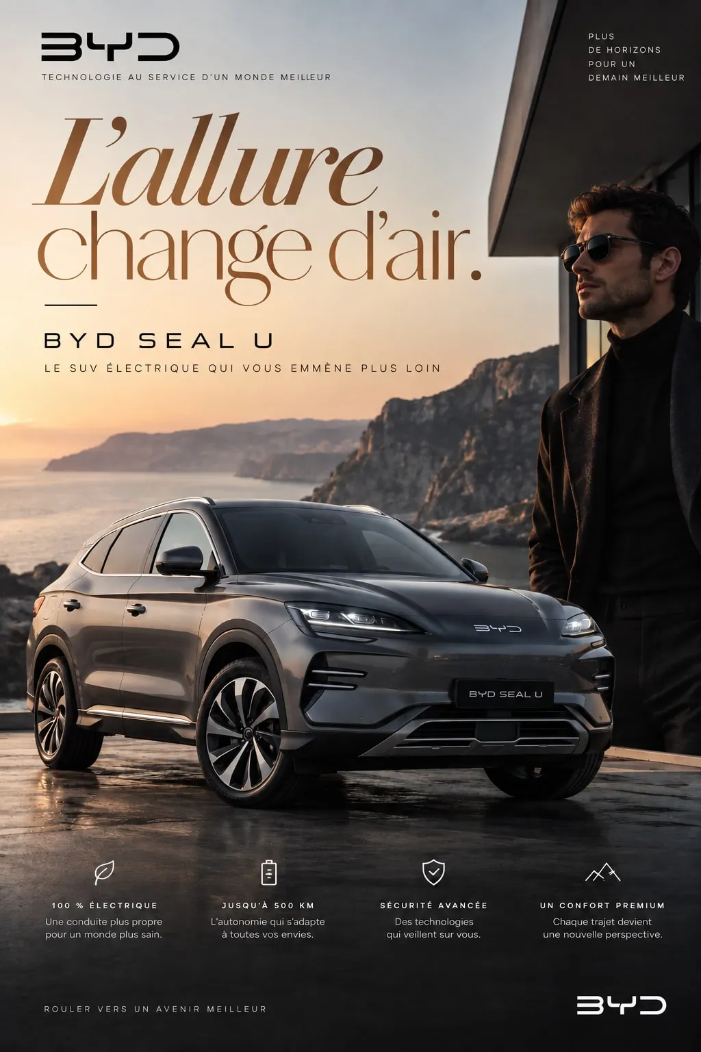 Variante de l'affiche BYD Seal U avec un titre en dégradé bronze et la même mention « Plus de horizons ».