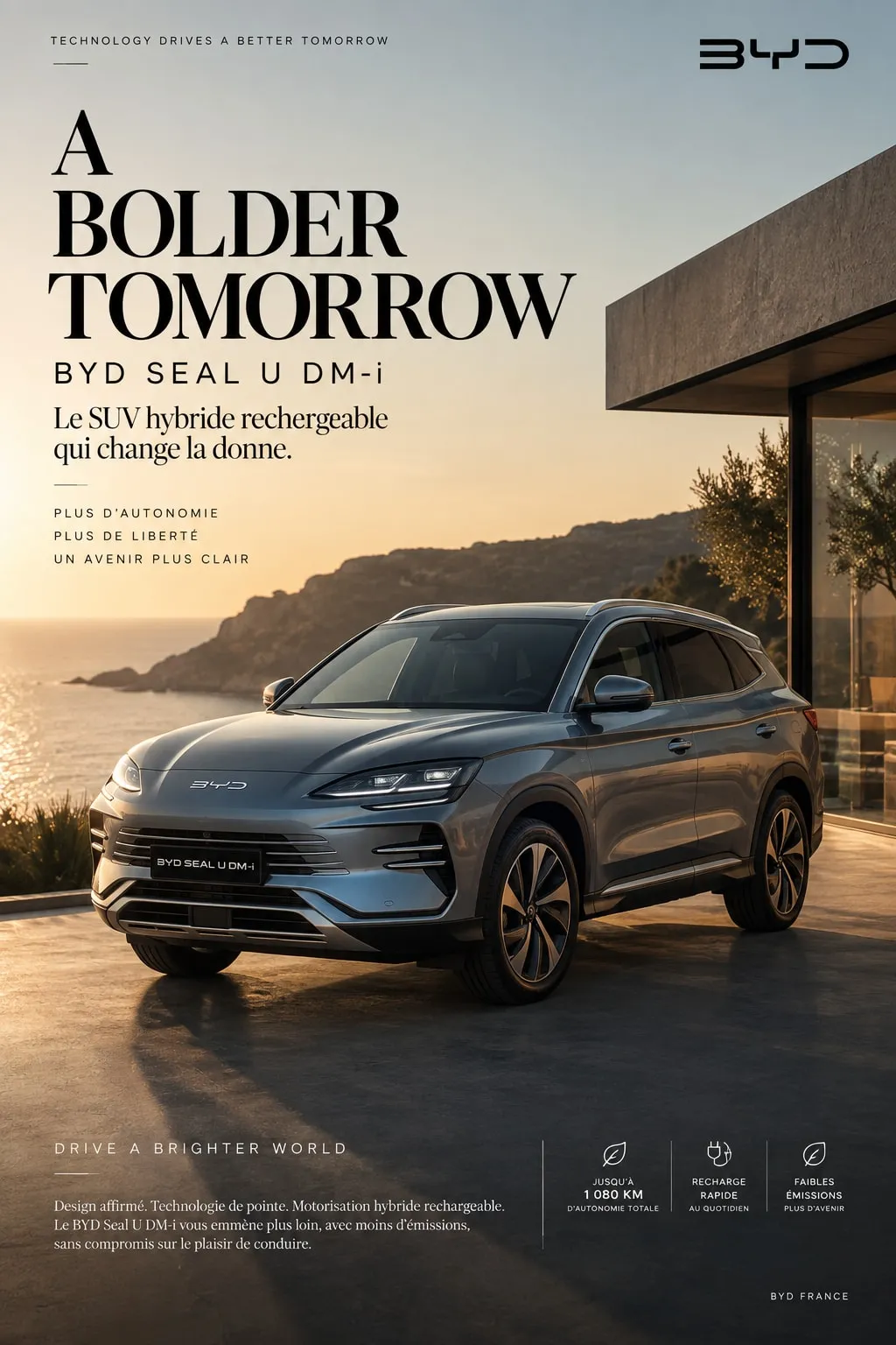 Affiche générée pour le BYD Seal U DM-i : titre en anglais « A bolder tomorrow », textes en français.
