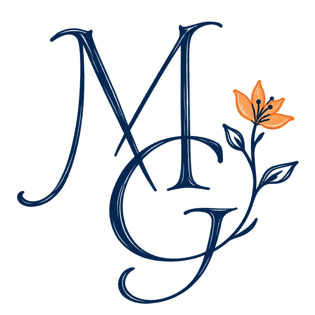Monogramme MG dessiné à la main : lettres fines à double trait, fleur orange et feuilles au trait.