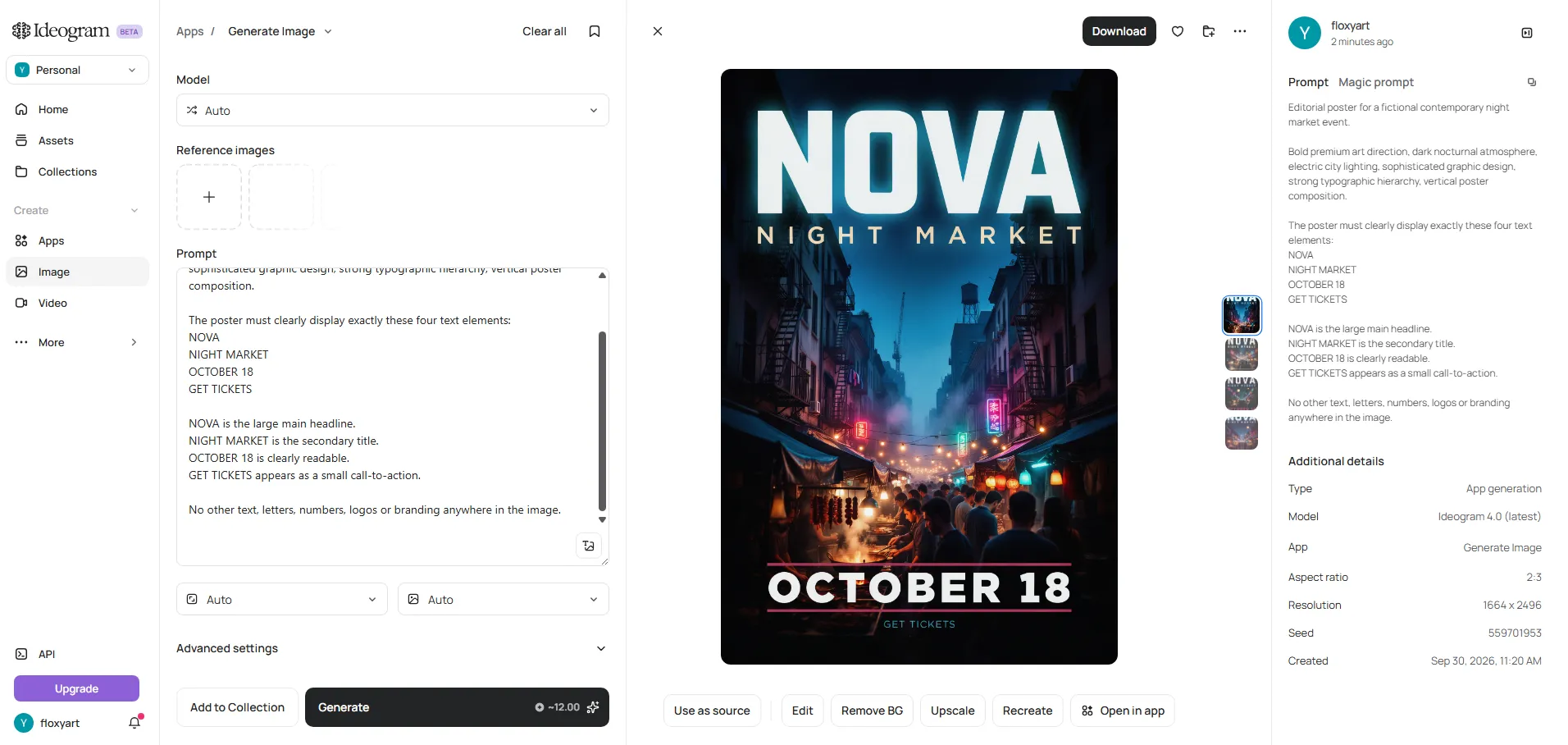 Affiche NOVA générée dans Ideogram avec les textes NOVA, NIGHT MARKET, OCTOBER 18 et GET TICKETS.