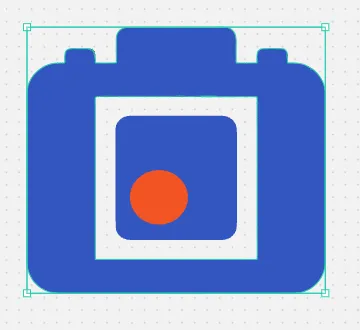 Le même pictogramme de caméra dans l'éditeur Recraft, boîtier recoloré en bleu, objectif toujours orange, entouré des poignées de sélection vectorielle.