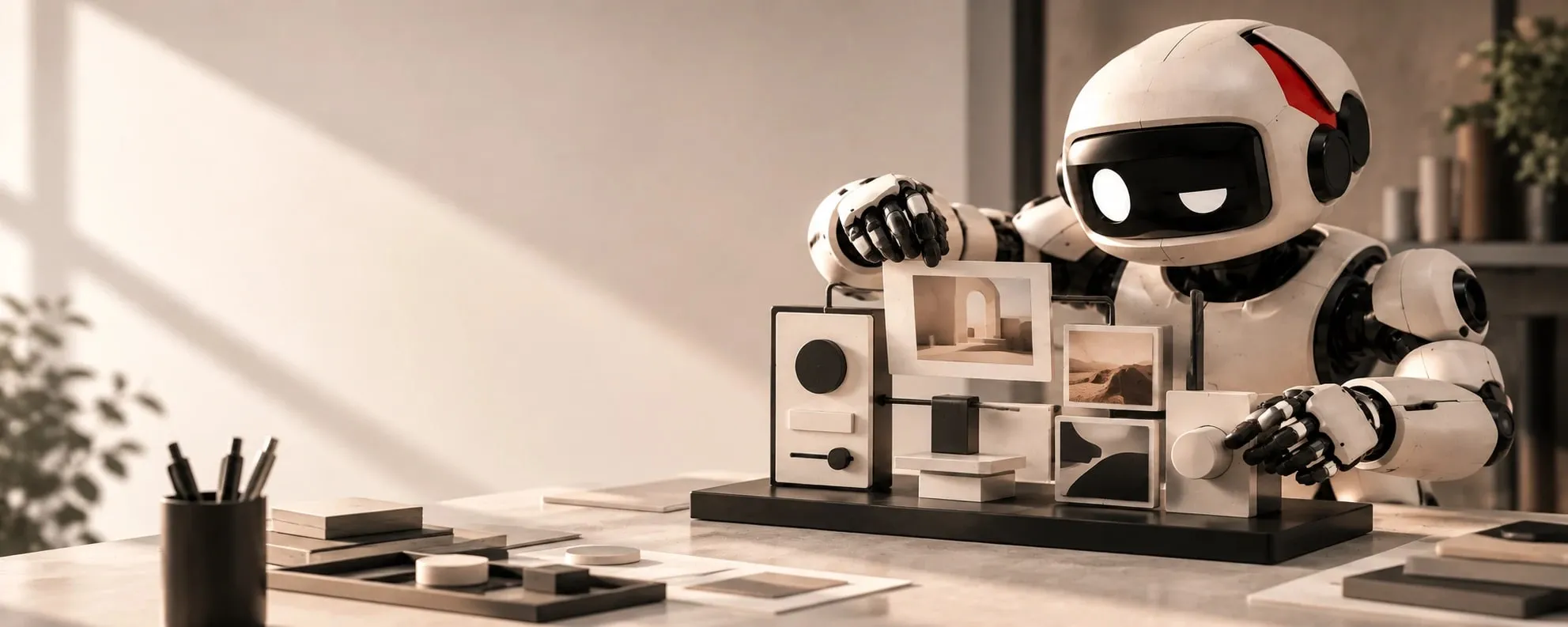 Illustration d'ouverture : le robot AI No Bullshit compose une maquette faite de panneaux et de vignettes emboîtés sur un socle.