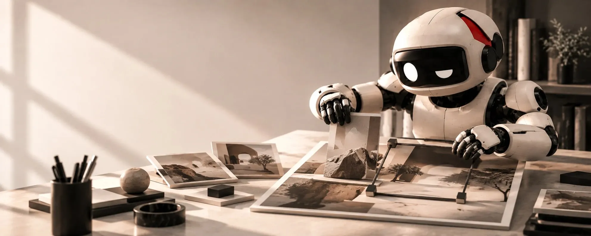 Illustration d'ouverture : le robot AI No Bullshit trie des tirages photo posés sur une table et en glisse un dans un cadre.