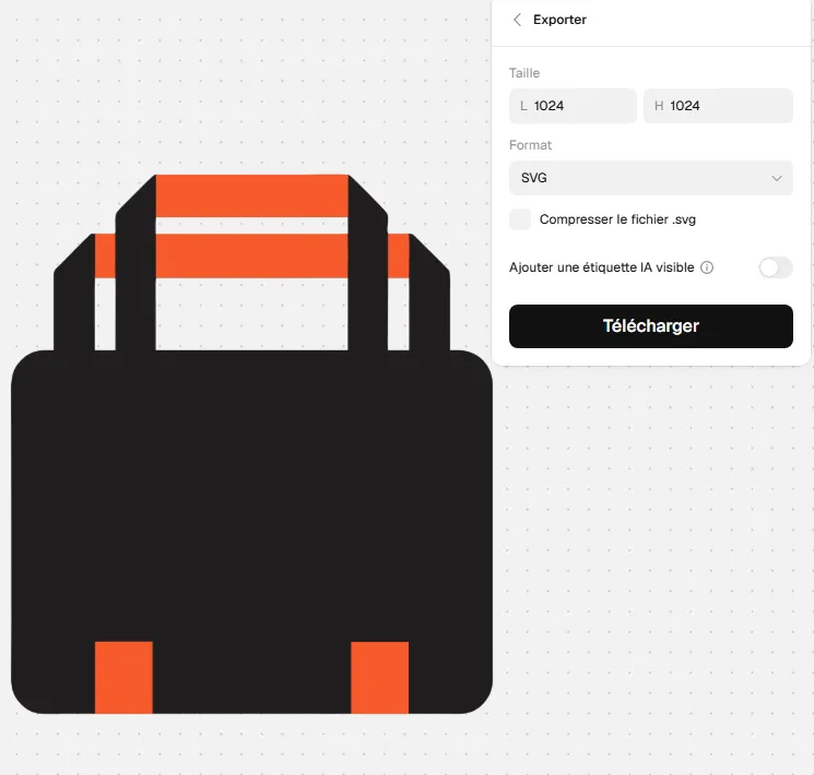 Le tote bag généré à gauche et, à droite, le panneau Exporter de Recraft : taille 1024 par 1024, format SVG, case « Compresser le fichier .svg » décochée et bouton Télécharger.