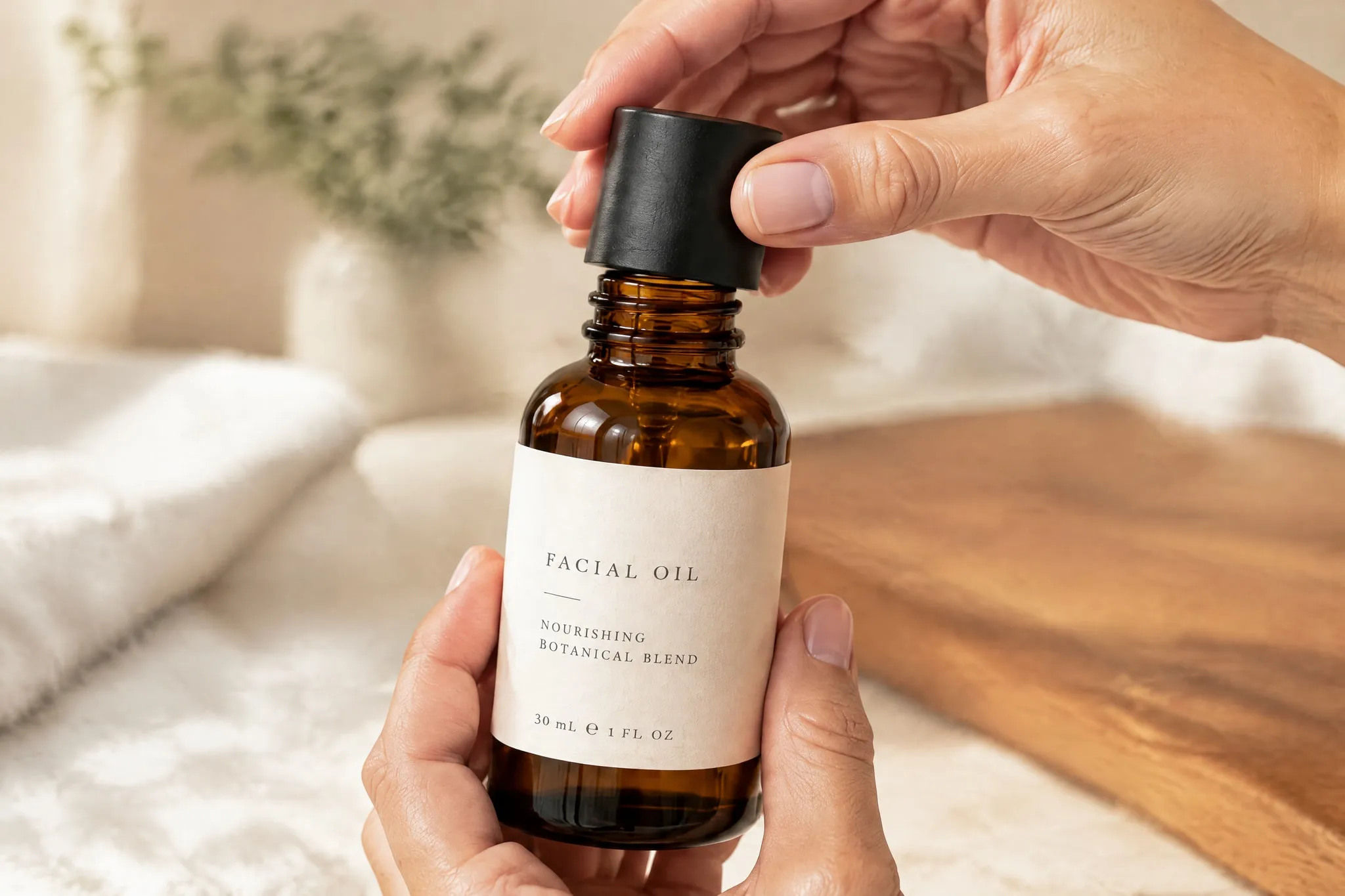 Gros plan de deux mains tenant le flacon ambré et retirant son bouchon noir lisse ; l'étiquette crème affiche « FACIAL OIL », « NOURISHING BOTANICAL BLEND » et « 30 mL ℮ 1 FL OZ ».