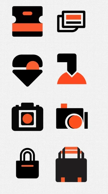 Planche des huit pictogrammes générés par Recraft V4.1 Vector, en deux colonnes : deux tickets, deux location pins, deux caméras et deux sacs, tous en noir et orange sur fond clair.