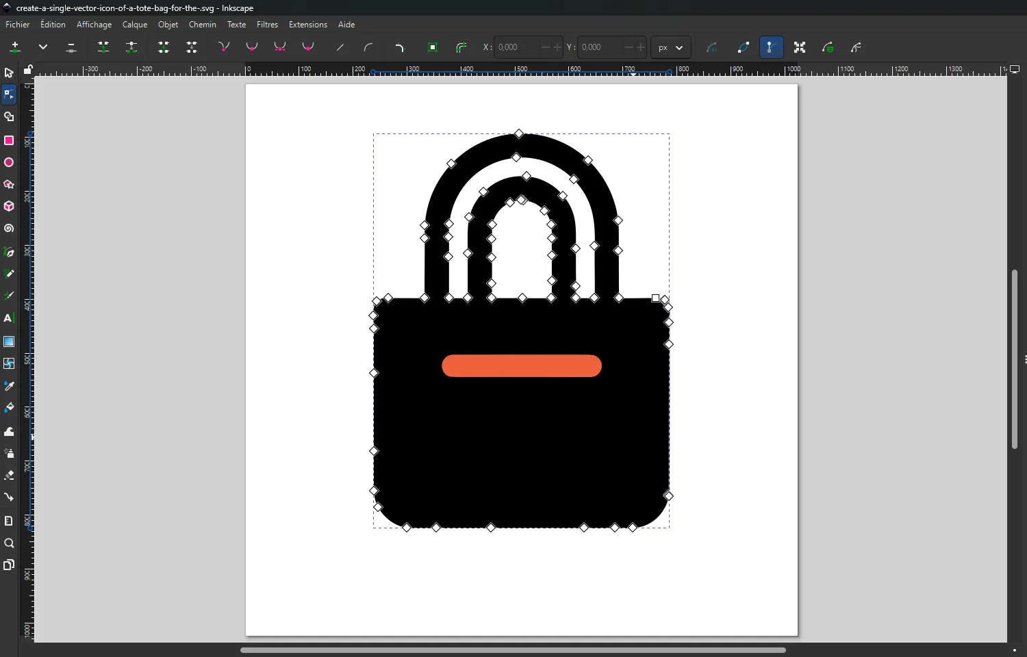 Fenêtre Inkscape intitulée « create-a-single-vector-icon-of-a-tote-bag-for-the-.svg » : le tote bag noir à bande orange est affiché avec l'éditeur de nœuds actif, et des nœuds losange sont visibles tout le long des tracés.