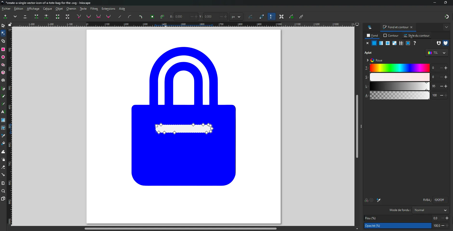 Le même fichier dans Inkscape après modification : le sac est bleu, la bande est en gris clair et sélectionnée, et le panneau Fond et contour affiche la valeur RVBA f2f2f2ff.