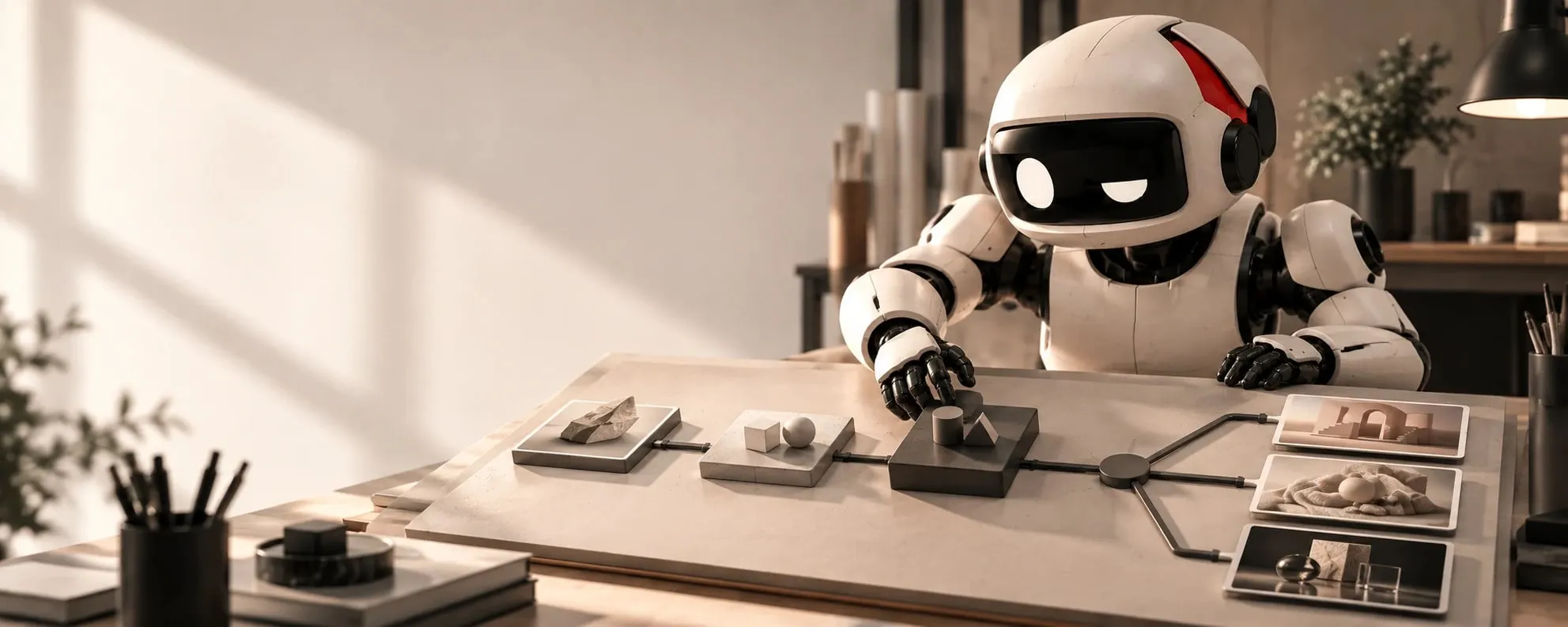 Illustration d'ouverture : le robot AI No Bullshit relie sur un grand plan de travail des blocs et des visuels connectés entre eux, comme les nœuds d'un workflow.
