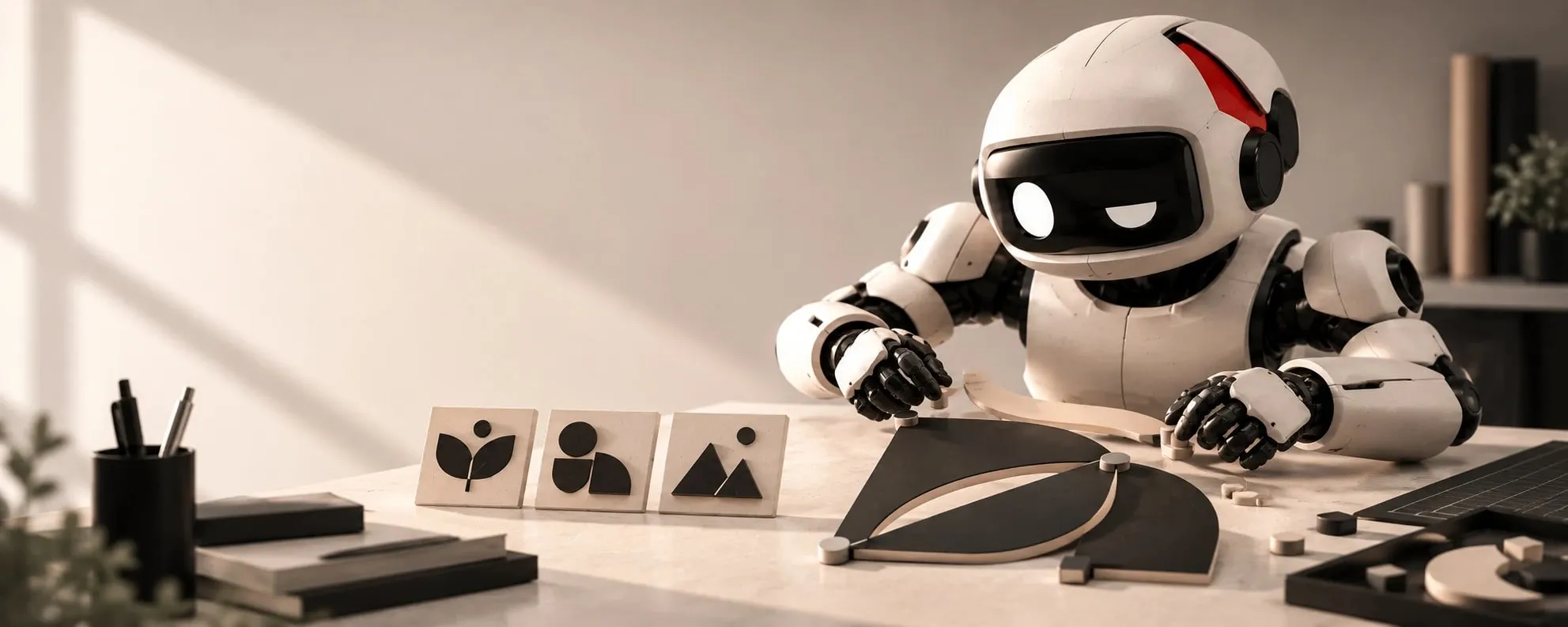Illustration d'ouverture : le robot AI No Bullshit assemble des formes géométriques devant trois petits panneaux portant des pictogrammes simples.