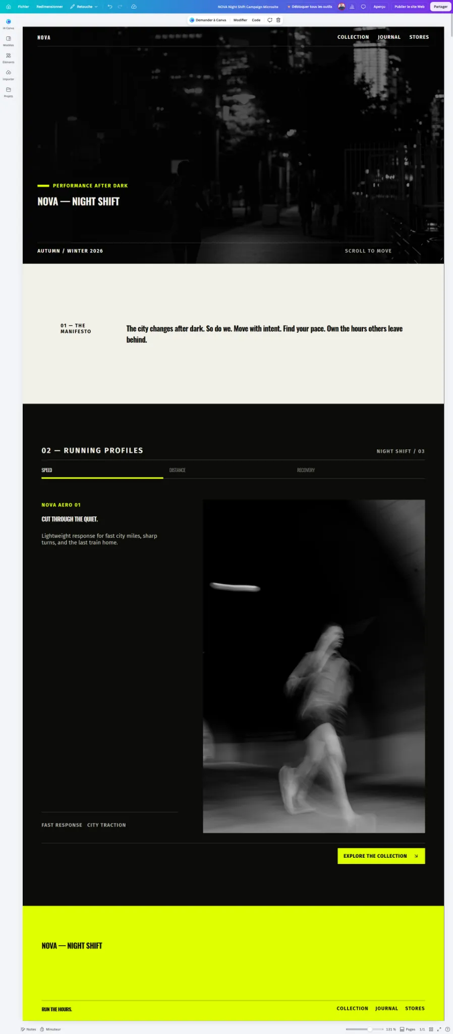 Capture de l'éditeur Canva Code, round 0 : microsite NOVA — Night Shift en desktop, avec hero nocturne, manifeste, profils Speed / Distance / Recovery, CTA et footer lime.