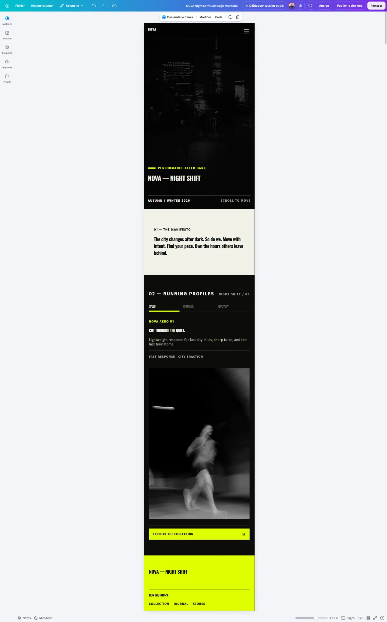 Le même microsite en aperçu mobile : menu hamburger, hero lisible, sections empilées et CTA pleine largeur.