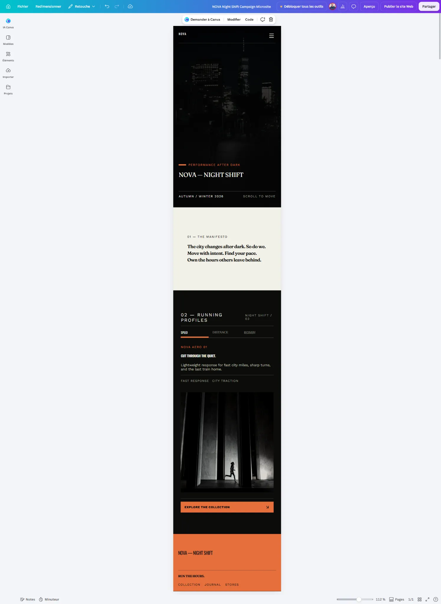 Round 2 en aperçu mobile : palette noir / off-white / orange, menu hamburger et sections empilées.